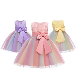 Flowers Girls Dress Summer Rainbow Mesh Bow Princess Dress Birthday Wedding Evening Ball Gown Carnival Easter Christmas Vestidos