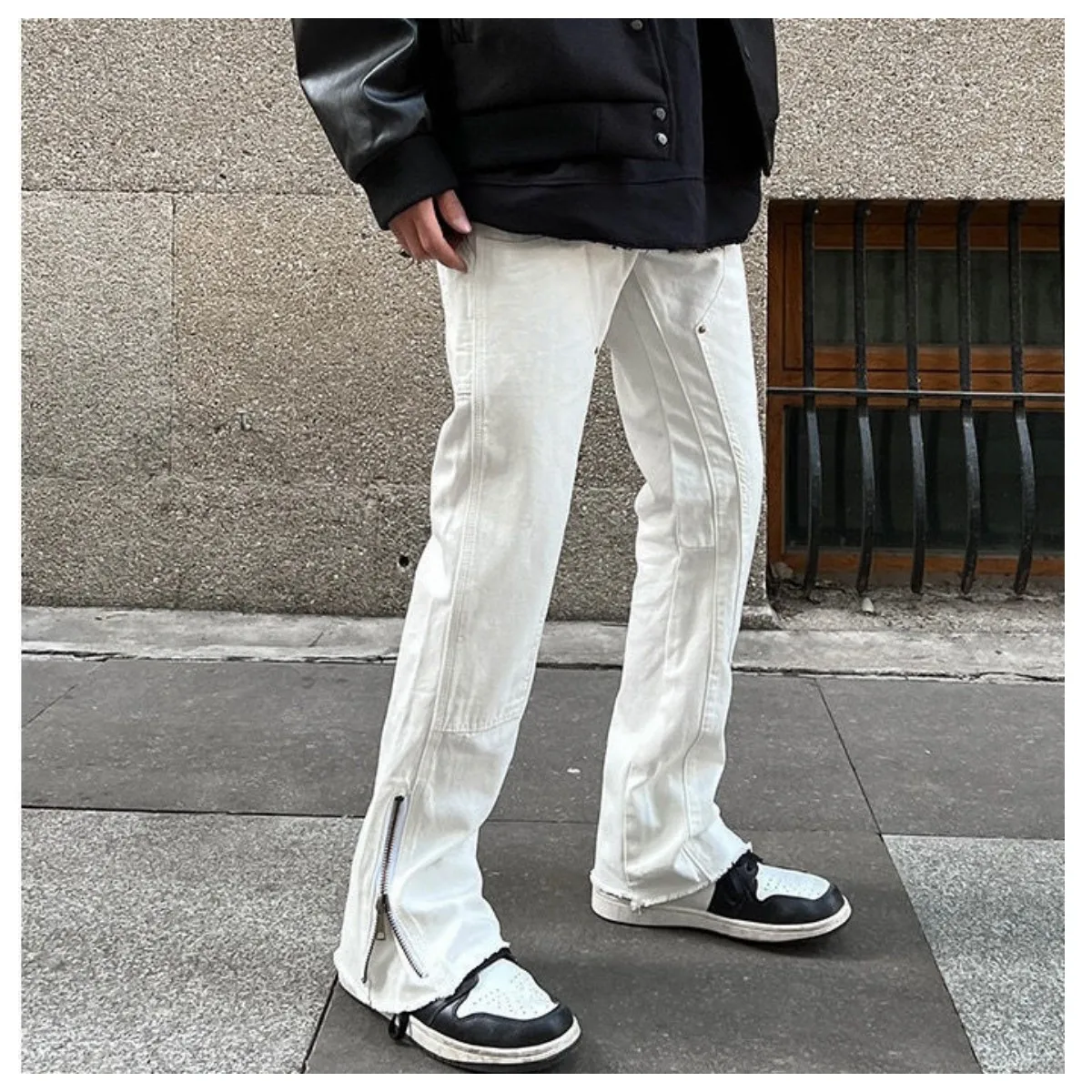 High Street Punk Style Zipper Split Jeans Men's Hip Hop Fashion Brand Loose Straight Barrel American Work Wear Micro Horn Pants