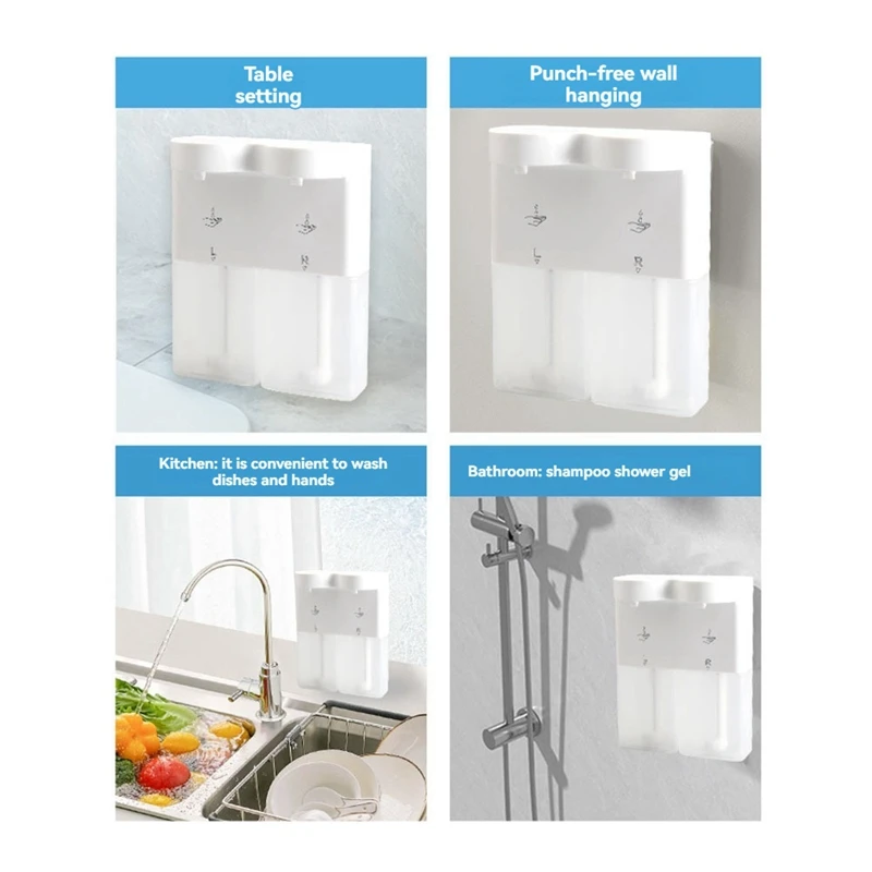 N09R-300ML Dispenser automatico di sapone doppio con sensore Dispenser di sapone con ricarica USB Supporto a parete regolabile a 3 livelli per il bagno