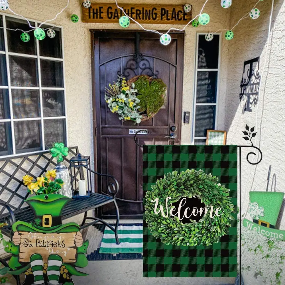 Boxwood Wreath Welcome Garden Flag Double Sided, Happy St Patricks Day Garden Yard Flag, Spring Buffalo Plaid Check Decores Bann