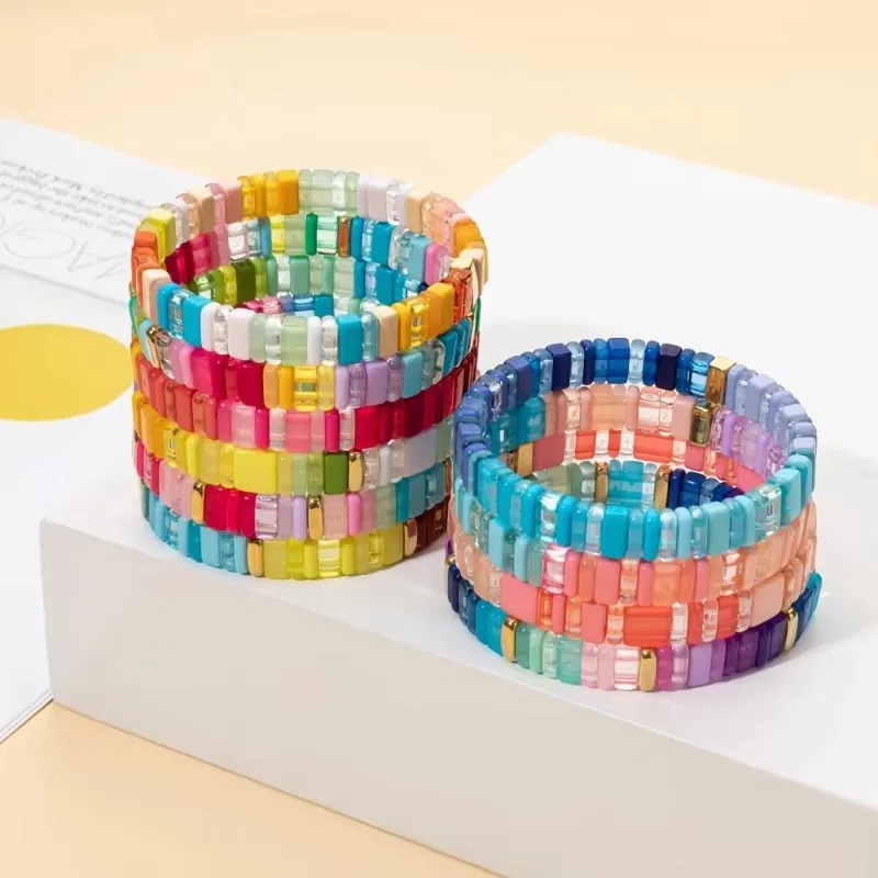Fashionable Trendy 2x8mm Transparent Acrylic Beads Bracelets For Women Handmade Boho Colorful Charms Stretchy Bangle