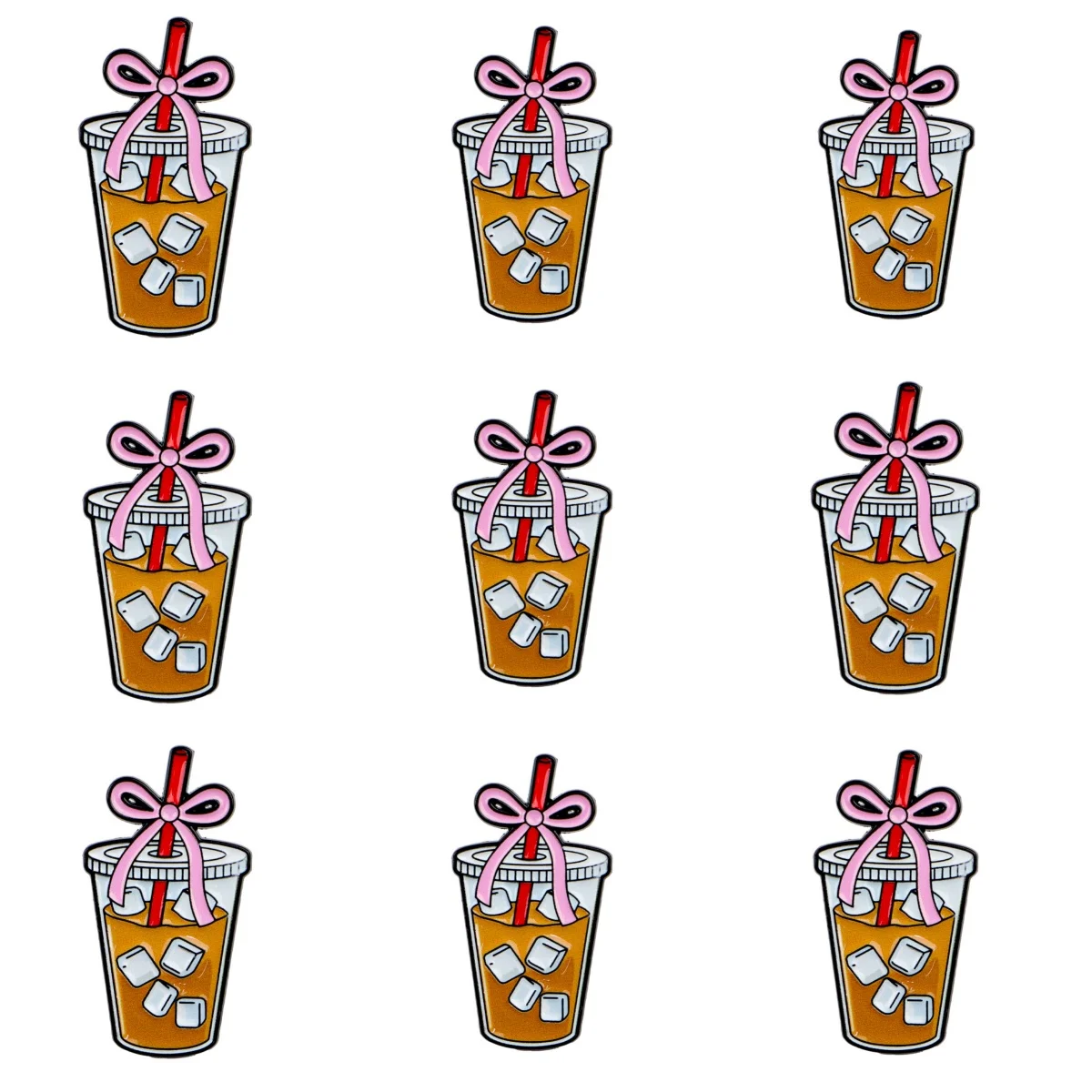 9-teiliges Set niedlicher Eiskaffeebecher-Emaille-Pins, rosa Schleifenbrosche für Mantelkragen, Reversnadeln, Metallabzeichen, Schmuckgeschenk für Freunde