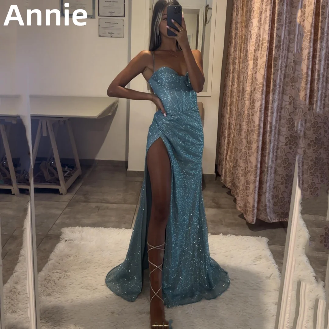 

Glitter Mermaid Prom Dresses Light Blue Shiny Evening Dress Vestidos De Noche Side Slit Corset Formal Party Dress فساتين الحفلات