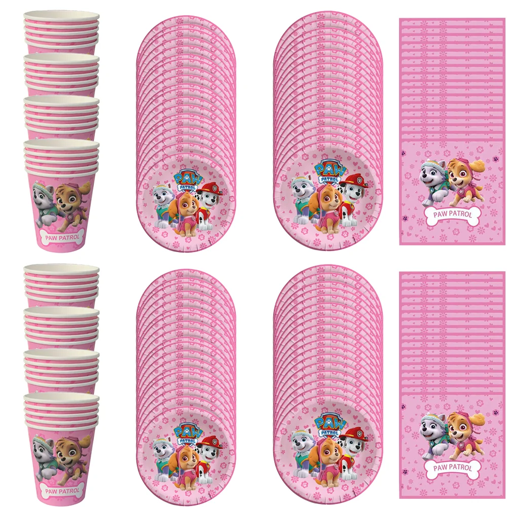 Pink Skye Paw Patrol Birthday Party For Girls Pink Cups Napkins Plates Decorations Balloon Disposable Tableware Canine Supplies