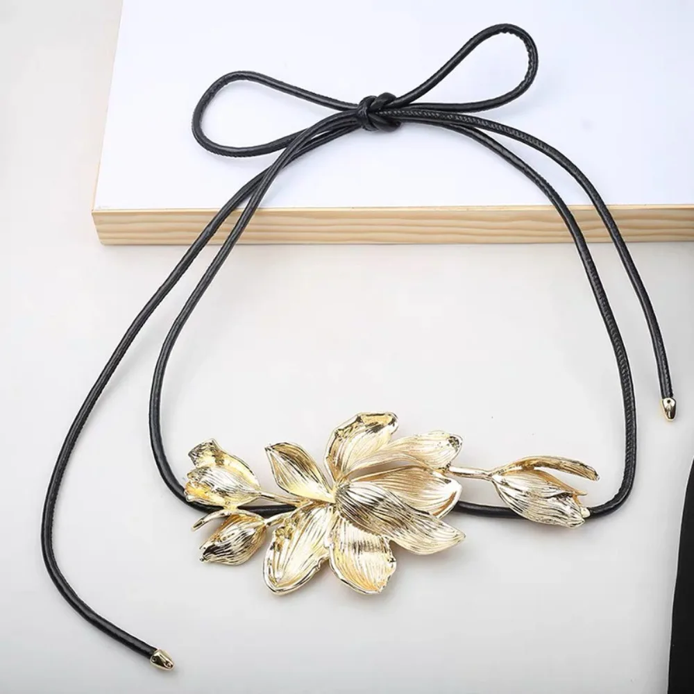 

Модный винтажный пояс-тюльпан с цепочкой на талии, элегантный большой ремень с цветком из сплава, простой ремень из искусственной кожи без перфорации, женские джинсы