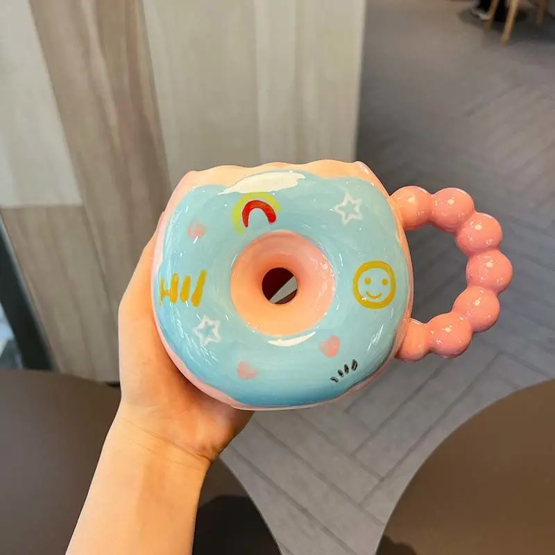 Stylish Niche Design Cute Donut Ceramic Mug High Value Drinking Cup for Girls Birthday Present Home Office Decor