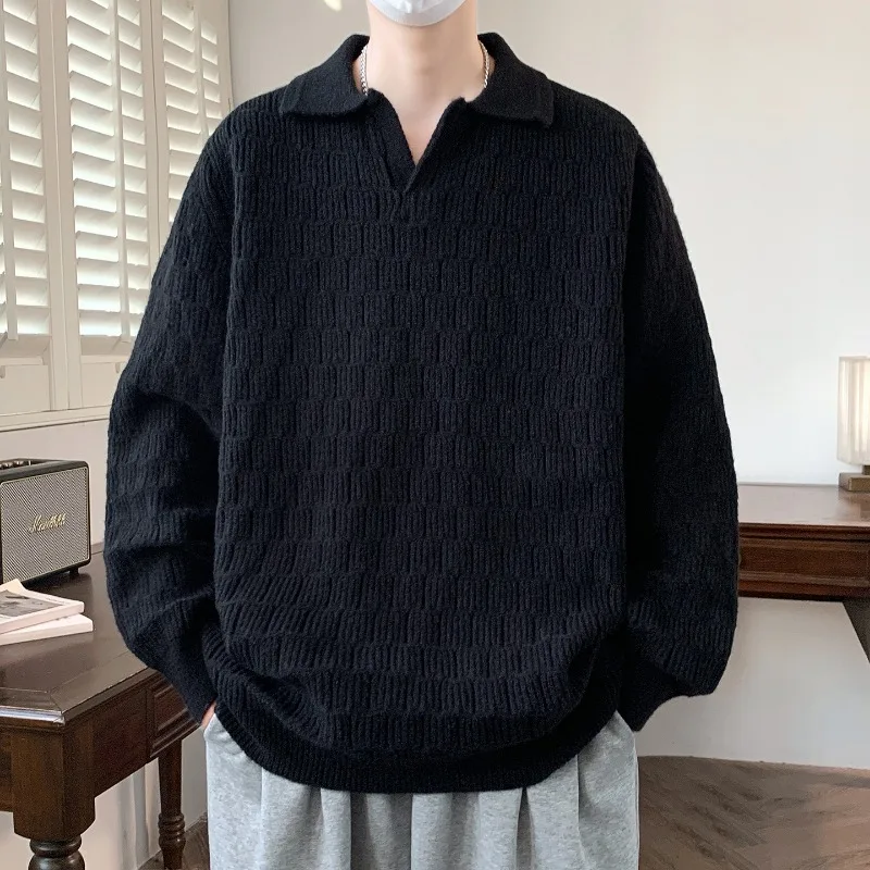 Solid Color Sweater Long Sleeve Autumn and Winter POLO Lapel Thickened Sweater Pullover Korean Style Men's Sweatshirt