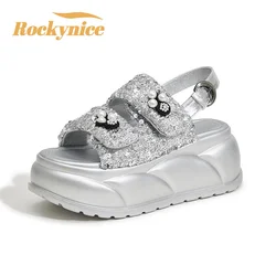 7.5CM Women Summer Sandals New Fashion Bead Decoration Bling Slippers Platforms Chunky Shoes Woman Outdoor Peep Toe Rome Sandals