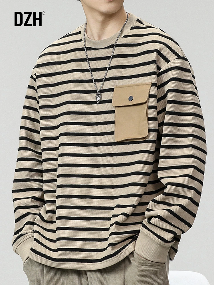 Pullover Long-Sleeved T-shirt Men's roundNeck Striped Trendy Sweater Spring Inner Bottoming Shirt Contrast Color Anti-WrinkleTop