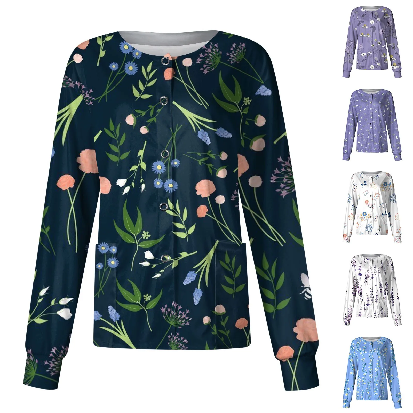 Women Printed Nurse Uniform Long-Sleeved Scrubs Top O Neck Single-Breasted Beauty Salon Work Uniforms Doctors Surgical Top Shirt