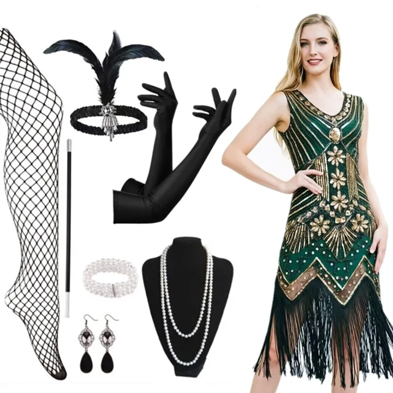 Gatsby Dance Evening Gown with Tassel Skirt Sequin Bright Accessories Included Vintage 1920s Style Beaded Trim Dress