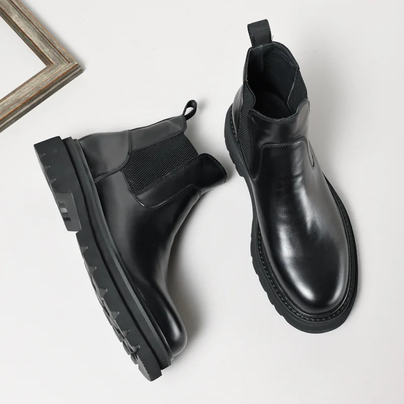 Men's leather boots, winter leather and cotton shoes, high cut ankle cuffs, comfortable and warm cowhide, European style