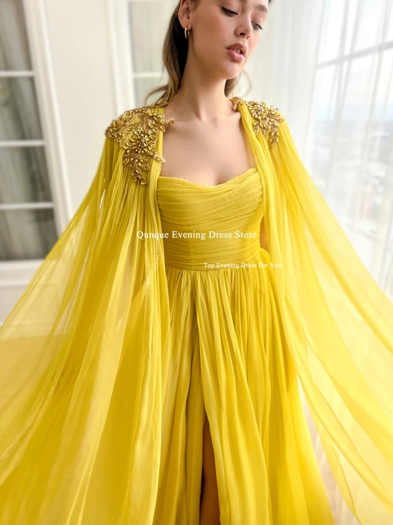 Qunque New Customized Party Evening Dress Celebrity Gowns High Slit Evening Dress With Detachable Crystals Cape Vestidos De Gala