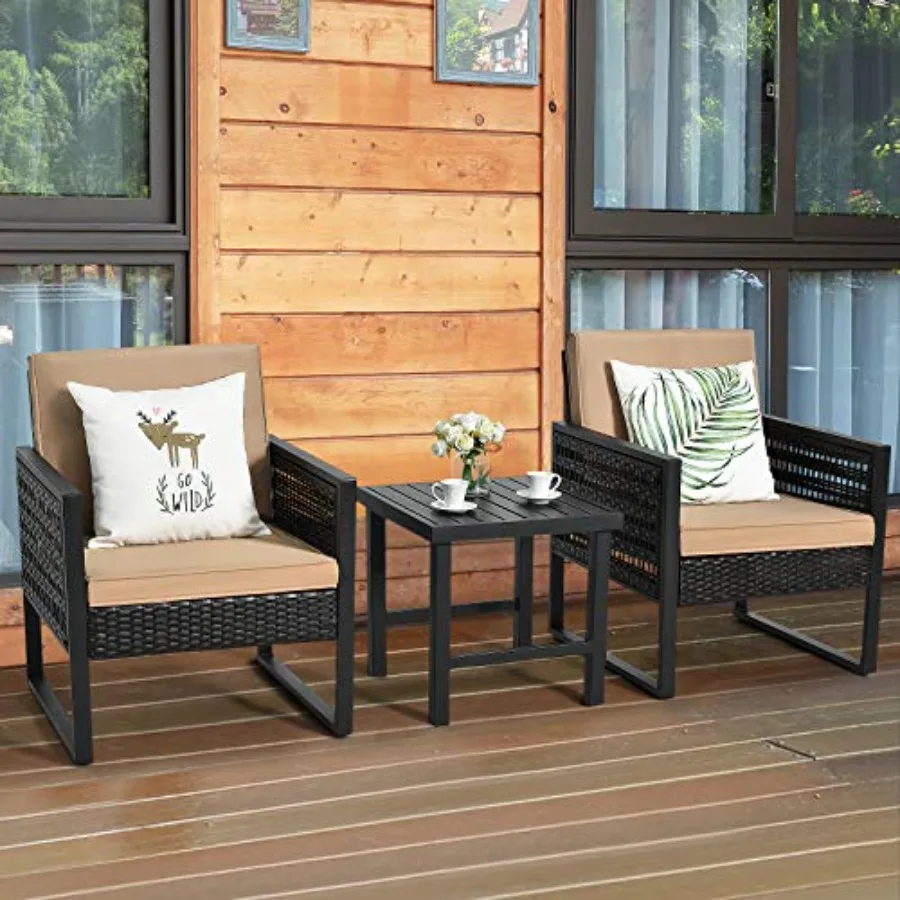 Outdoor patio conversation set: rattan wicker sofa set with coffee table and soft cushions, beige color, weather-resistant mate
