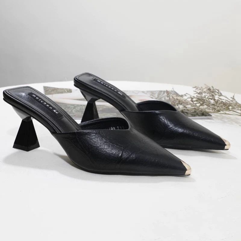 Mules d'Été Noires à Diapositives pour Femme, Sandales Montantes Jusqu'à 5cm, Chaussures en Cuir, Promotion, 2024