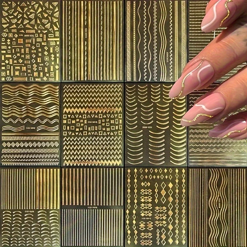 12 Stück 3D glänzende französische Nagelaufkleber mit goldenem Faden – selbstklebende, glänzende Fantasy-Nagelkunst-Aufkleber mit unregelmäßigen Streifen