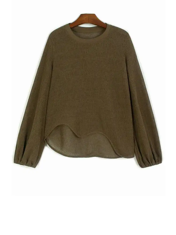 

Women Coffee Thin Irregular Hem Big Size T-shirt New Round Neck Long Sleeve Fashion Tide Spring Autumn