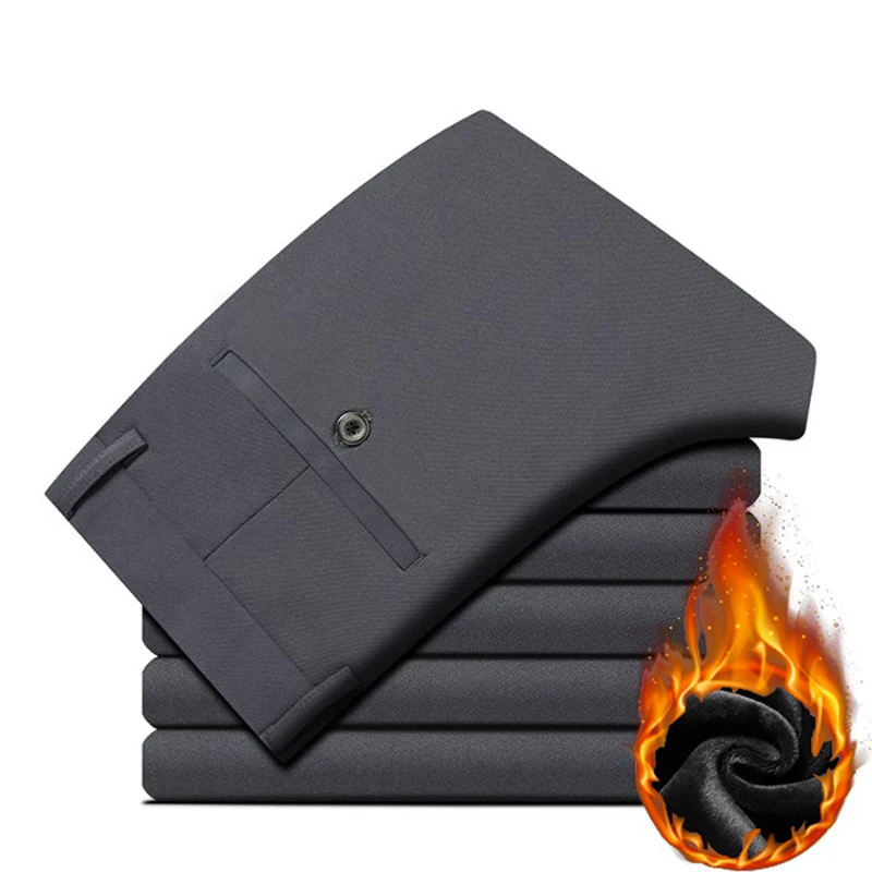 

Men Winter Thermal Business Casual Suit Pants Male Loose Straight Leg Snow Warm Plush Fleece Pants Fashion Navy Blue Trousers