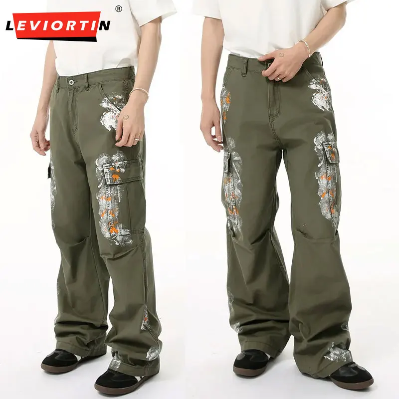 

Men's American Vintage Cargo Jeans, Heavyweight Paint Splatter Distressed, Multi Pocket Straight Loose Wide Leg Denim Pants