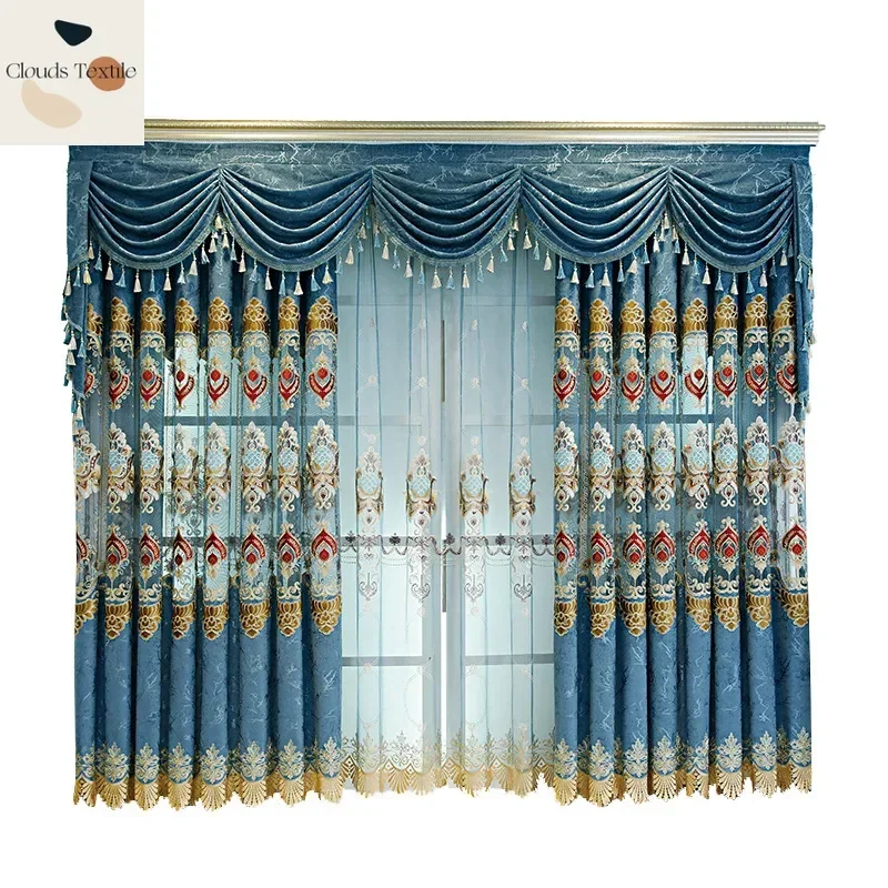 

Custom Size！！European Elegant Thickened Chenille Blackout Luxury Hollow Embroidered Curtains for Living Dining Room Bedroom