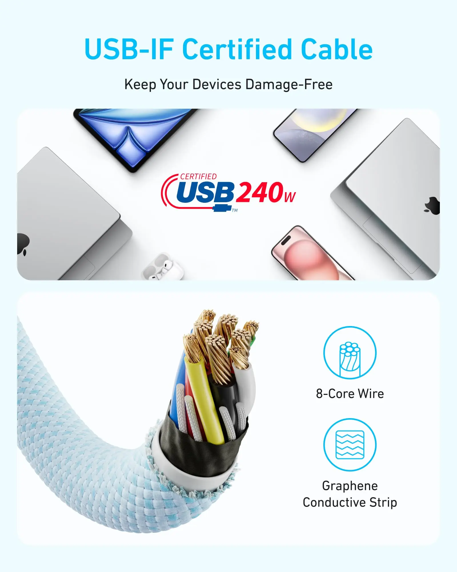 كابل Anker Zolo USB C إلى USB C، كابل شحن سريع من النوع C مضفر وخالي من الأوساخ، موصل نحيف، لسلسلة iPhone 16، MacBook