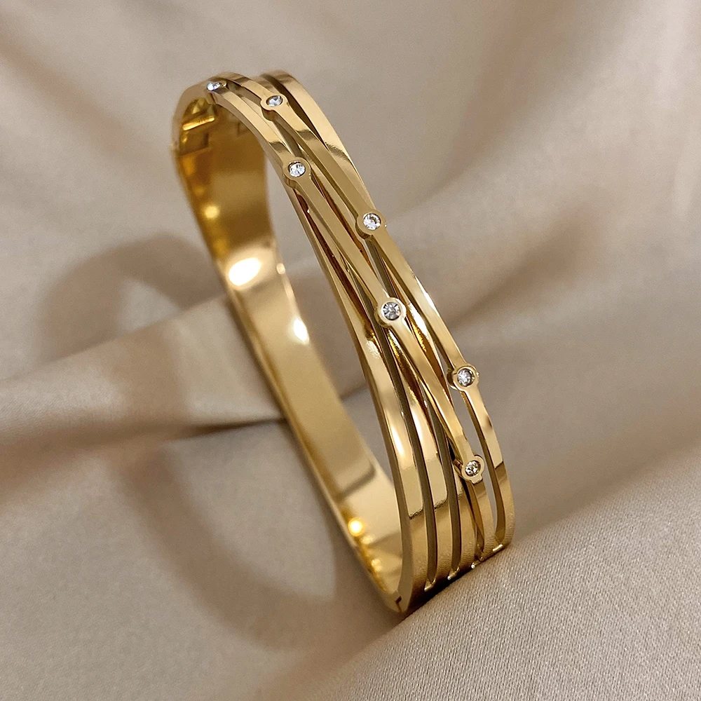Stylish Gold Color Cross Stainless Steel Bracelet for Women Elegant Rhinestone Beads Cuff Bangle Bracelets Party Jewelry