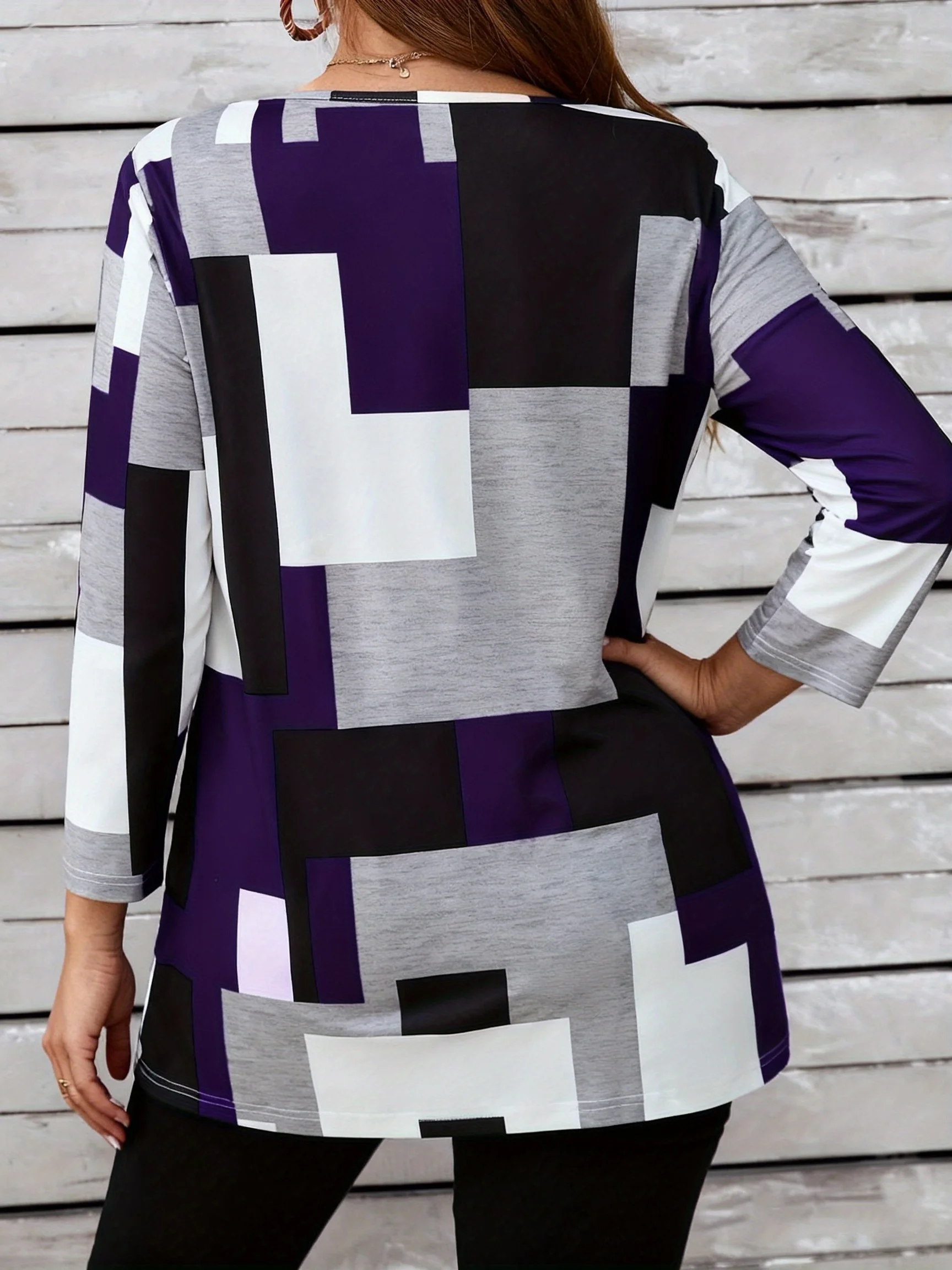 Trendiges Plus-Size Damen-Oberteil mit Farbblöcken und langen Ärmeln für modernen Stil – Detail 2