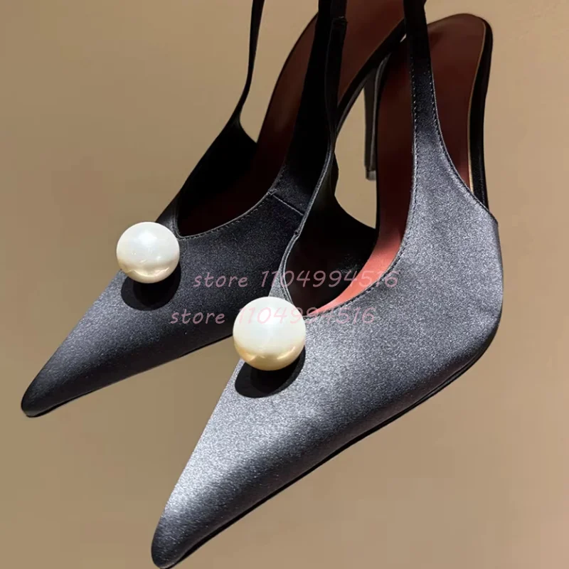White Satin Pearls Pointed Toe Stiletto Sandals Women Black Back Strap Slingback High Heels Luxury Party Wedding Ladies Shoes