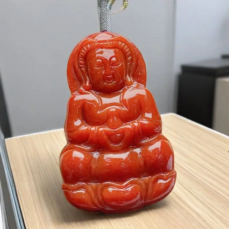 

Myanmar Laokeng jadeite glutinous seed red jade dress Guanyin hand-carved Internet