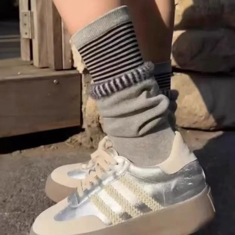 1pair New Korean Fake Two-piece Socks Layered Striped Slouchy Socks Sweet Fashion Hosiery For Girls Dress Stacked Look Sock