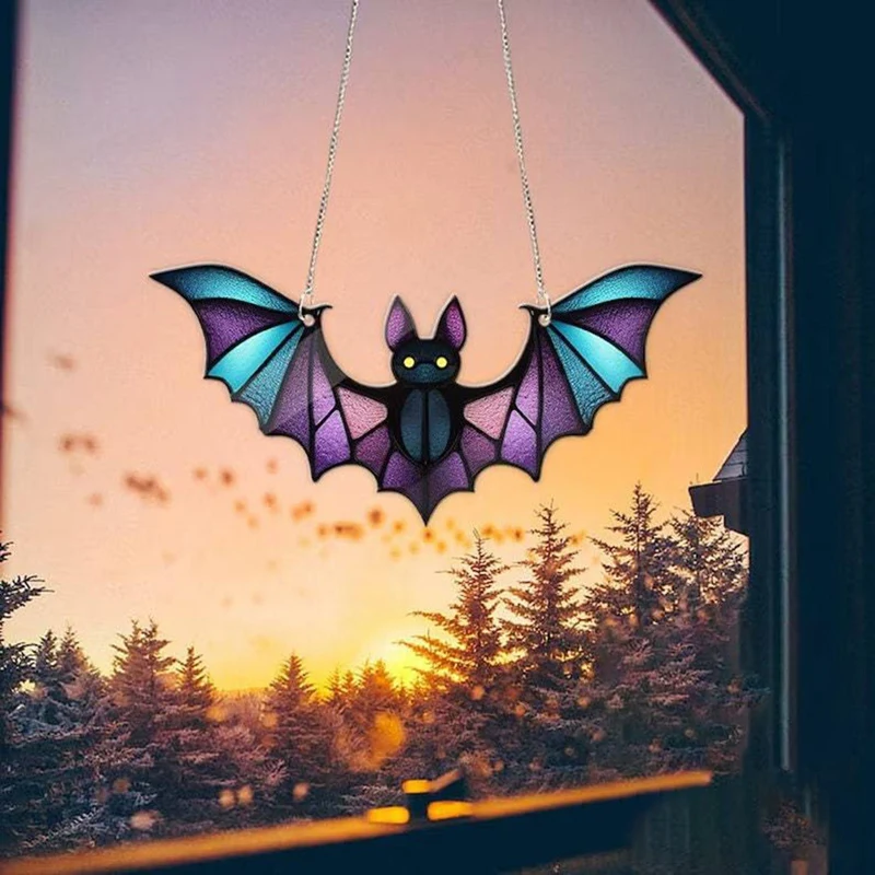 Atrapasueños de vitral de murciélago para Halloween, colgante de ventana, arte de pared acrílico, atrapasoles, decoración, Festival de fantasmas colorido