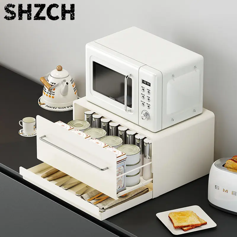 Cream Style Carbon Steel Shelf Coffee Machine Stand Desktop Organizer Drawer Microwave Cart for Kitchen Counter Storage Rack
