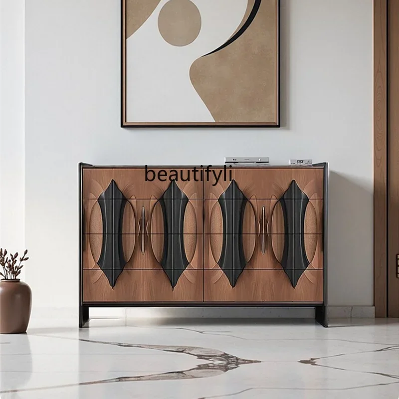 

Walnut solid wood living room wall integrated storage cabinet modern light luxury art relief bedroom storage cabinet