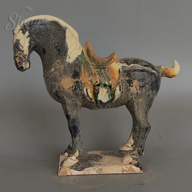 Tang Sancai Black-Glazed Warhorse Antique-Style Ceramic Figurine Ancient Ceramic Antique Get Rich Quick Horse Figurine