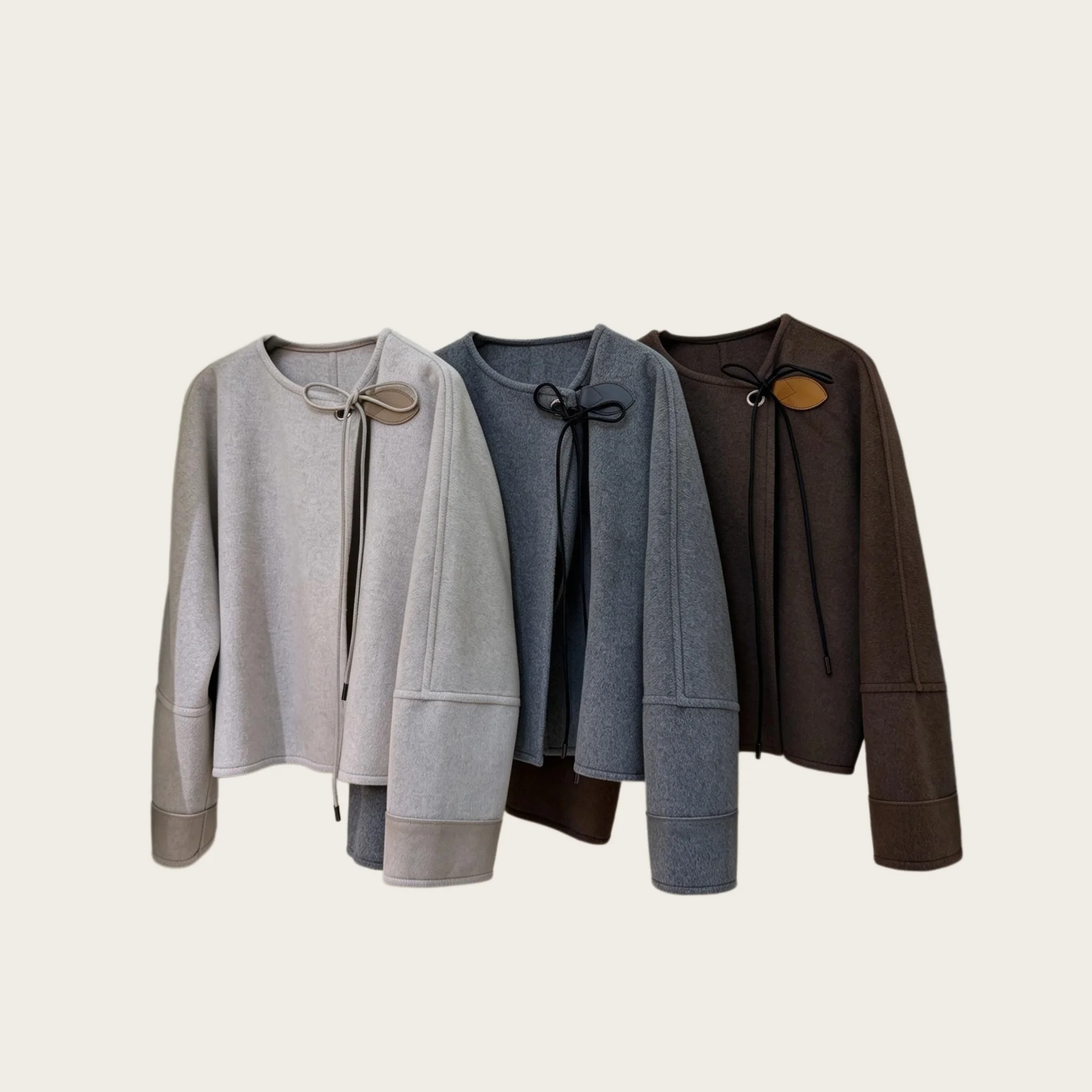 Women Short Wool Blend Jacket Round Collar Bow Tie Knot Loose Casual Fall Winter Outerwear