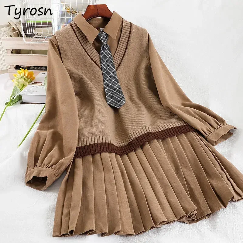 

Dress Sets Women V-neck Sweater Vest Solid Pleated Turn-down Collar Students Girls Preppy Style School Sweet Pure Lovely
