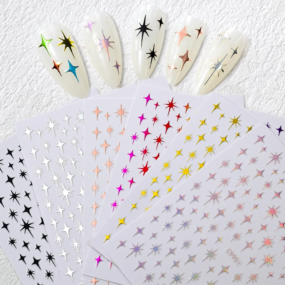 6pcs/Set 3D Aurora Gold Sliver Stars Nail Stickers Bronzing Laser Cross Starlight Glossychic Stylish Y2K Adhesive Manicure Decor