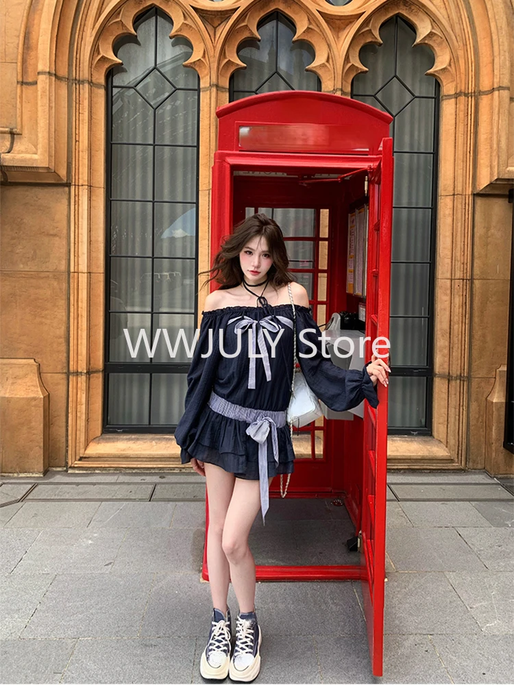 New Harajuku Elegant Long Sleeve Y2k Mini Dress Bow Sexy Fashion Short Party Dress Holiday Sweet Casual Dress Hot Girls Chic