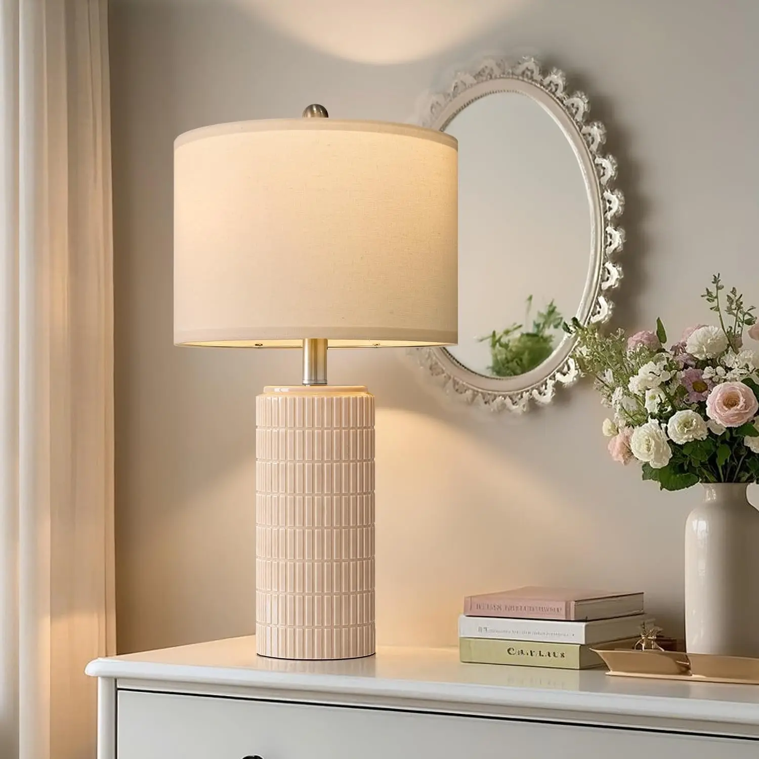 Set di 2 lampade da tavolo in ceramica rosa, lampade da comodino moderne da 23 pollici per la camera delle ragazze e l'arredamento del soggiorno