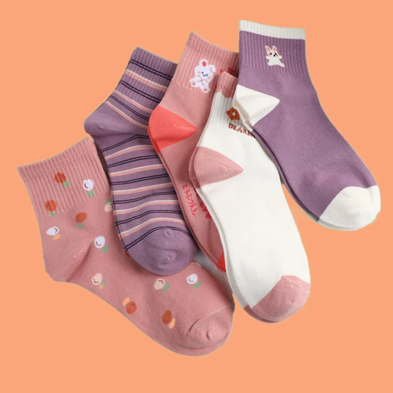 

5/10 Pairs Women's Pink Cute Middle Tube Socks Trend Cartoon Versatile Student Short Socks Casual Sports Mid-cut Cotton Socks