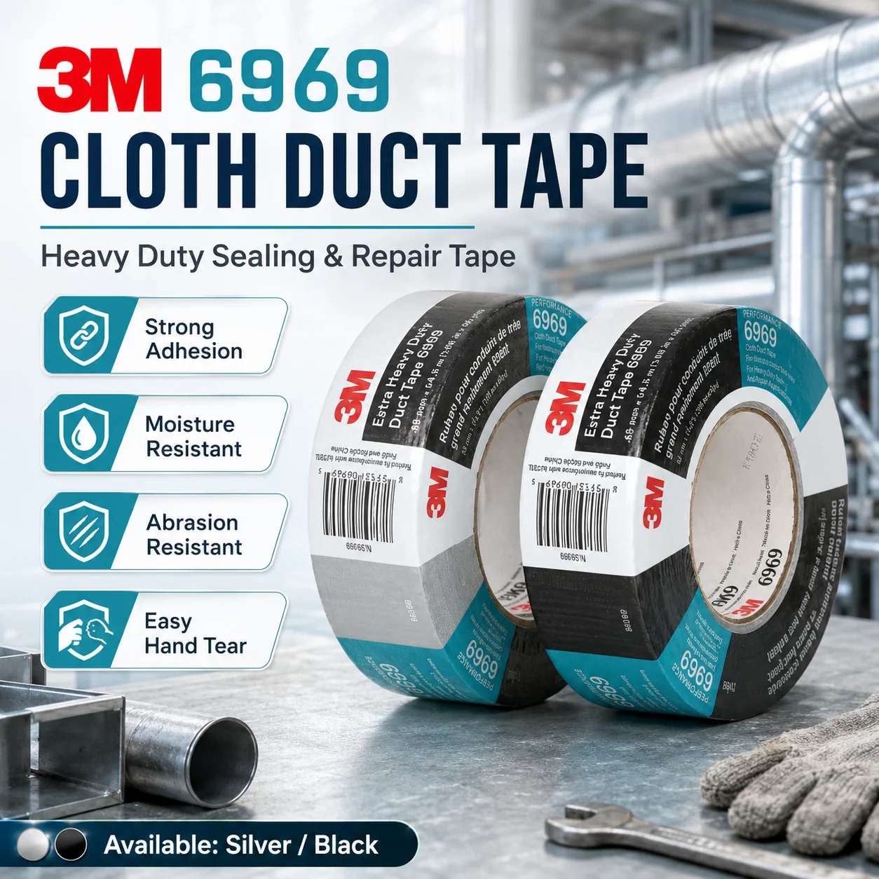 3M 6969 Heavy Duty Cloth Duct Tape Strong Adhesion Abrasion Resistant For HVAC Pipe Repair Industrial Bundling 48mm x 54.8m