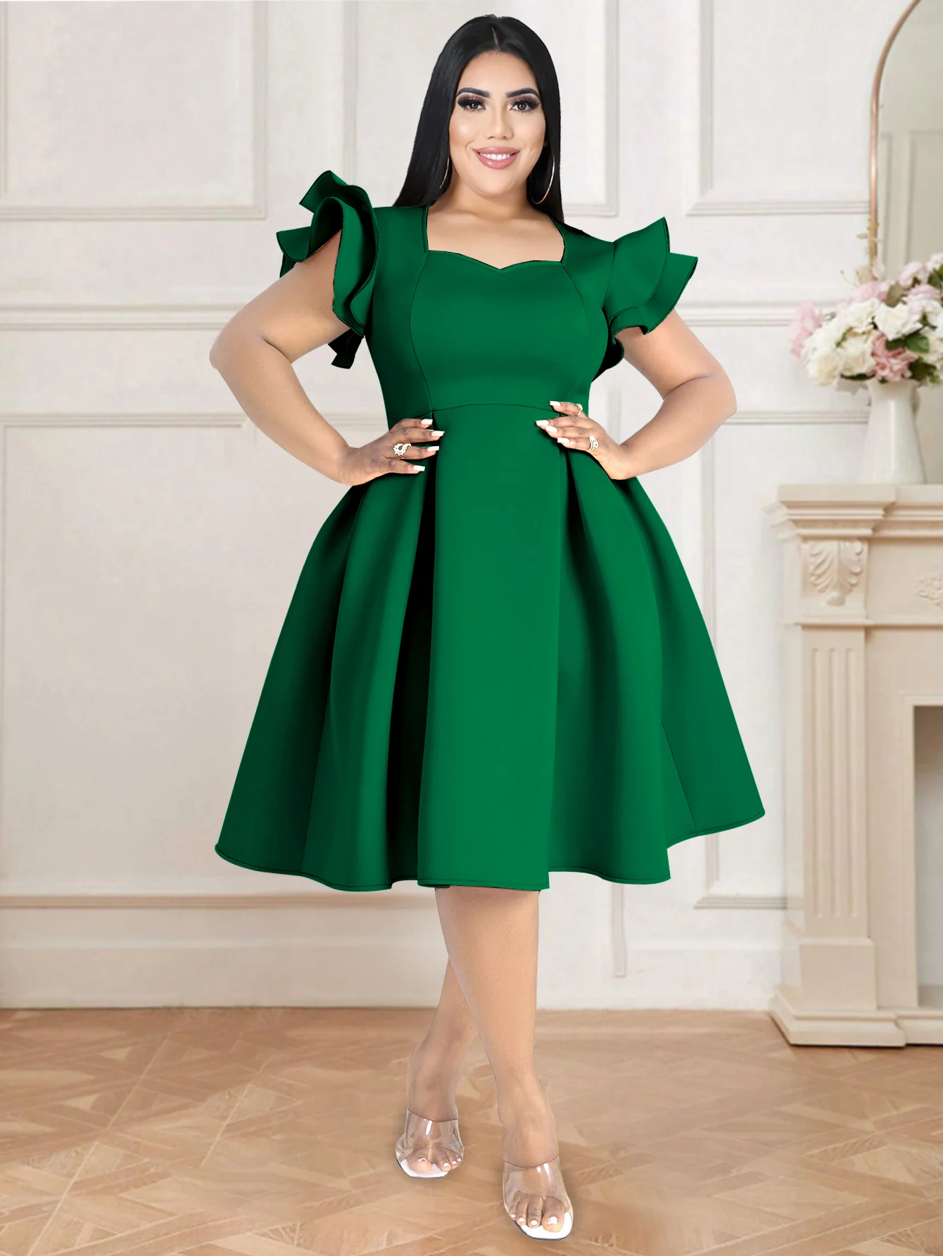 

Women Lovely Pleated Birthday Party Dress Sweetheart Flying Sleeve Cute A Line Flowy Swing Wedding Guest Event Gowns Plus Size