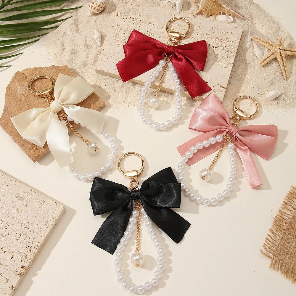 Fashion Simulated Pearl Bowknot Keychain Elegant Women Bag Charm Pendant Accessories Handbag Pendant Party Gifts