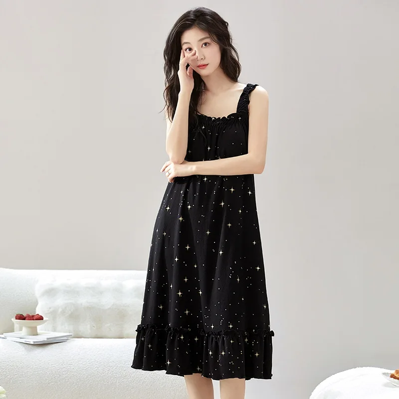 Summer Women Sexy Sleeveless Nightdress With Bra Pad Female Casual Home Clothes Fashion Printed Nightgowns Comfortable Sleepwear