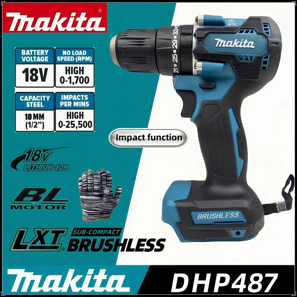 Makita DDF487 Screwdriver Cordless Percussion Drill 18V Electric Variable Speed Brushless Motor Impact Power Tools Power Drill