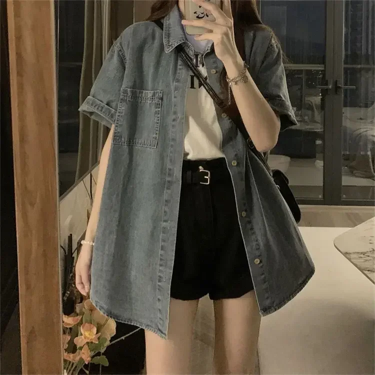 

Salt Retro Short-sleeve Shirt for Women Denim Jacket Summer Thin Long and Loose Bf Style Casual Versatile