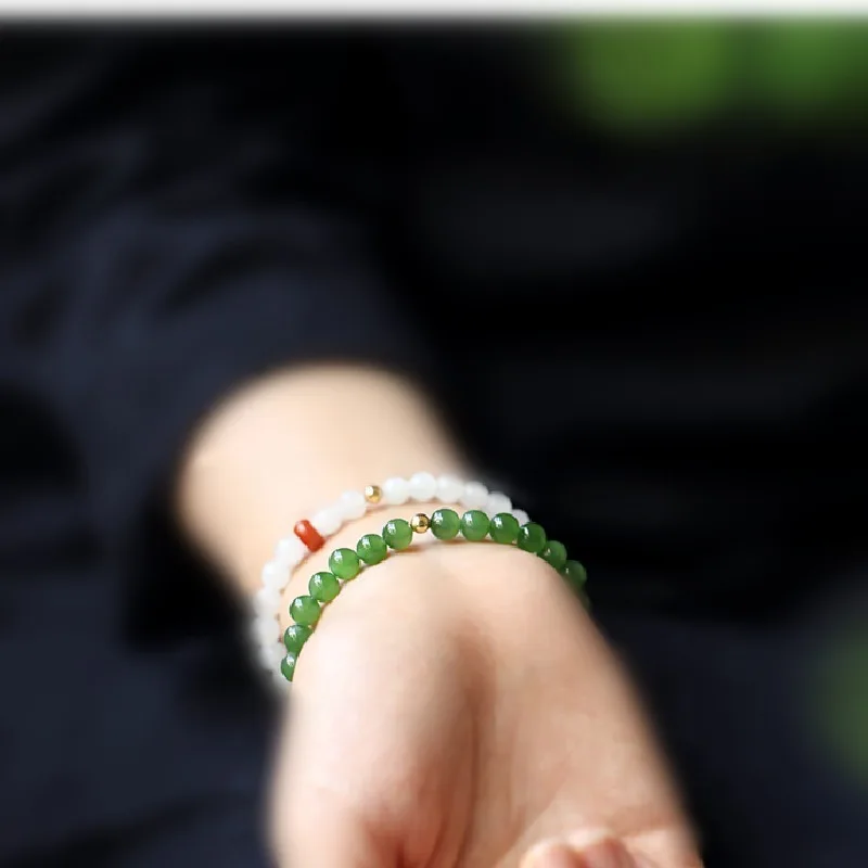 Natural Hetian Jade Bracelet with Green Jasper Beads and Small Gold Beads Minimalist Single Loop Jewelry for Women Gifts