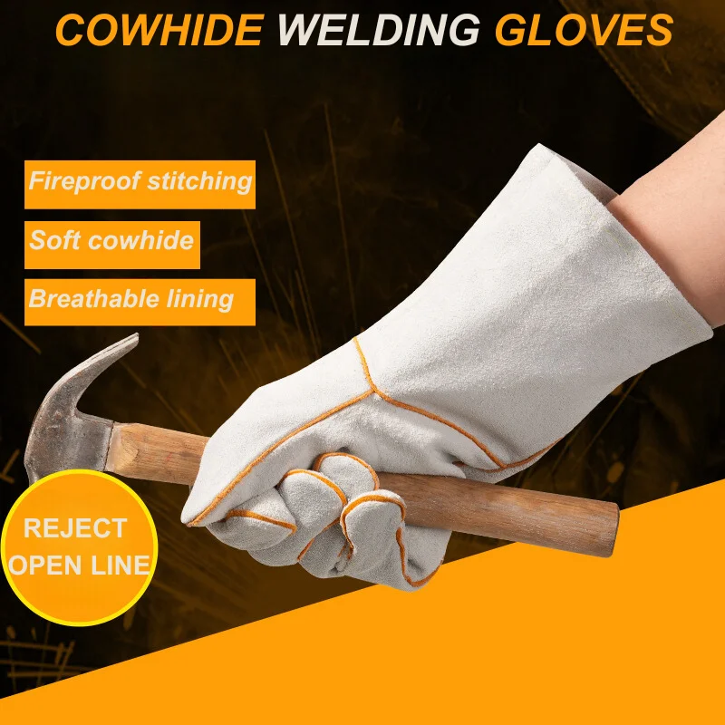 

13.8inchs Leather Flame retardant gloves Welding Gloves Heat Insulation Anti-cut Woodstove Fireplace Barbecue Baking Camping