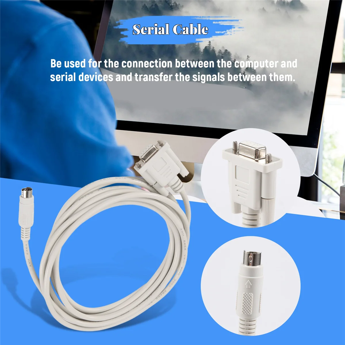 A43M DB9P to 8P Mini Din RS232 Download Cable White 8.2 Ft for PLC DVP-EH