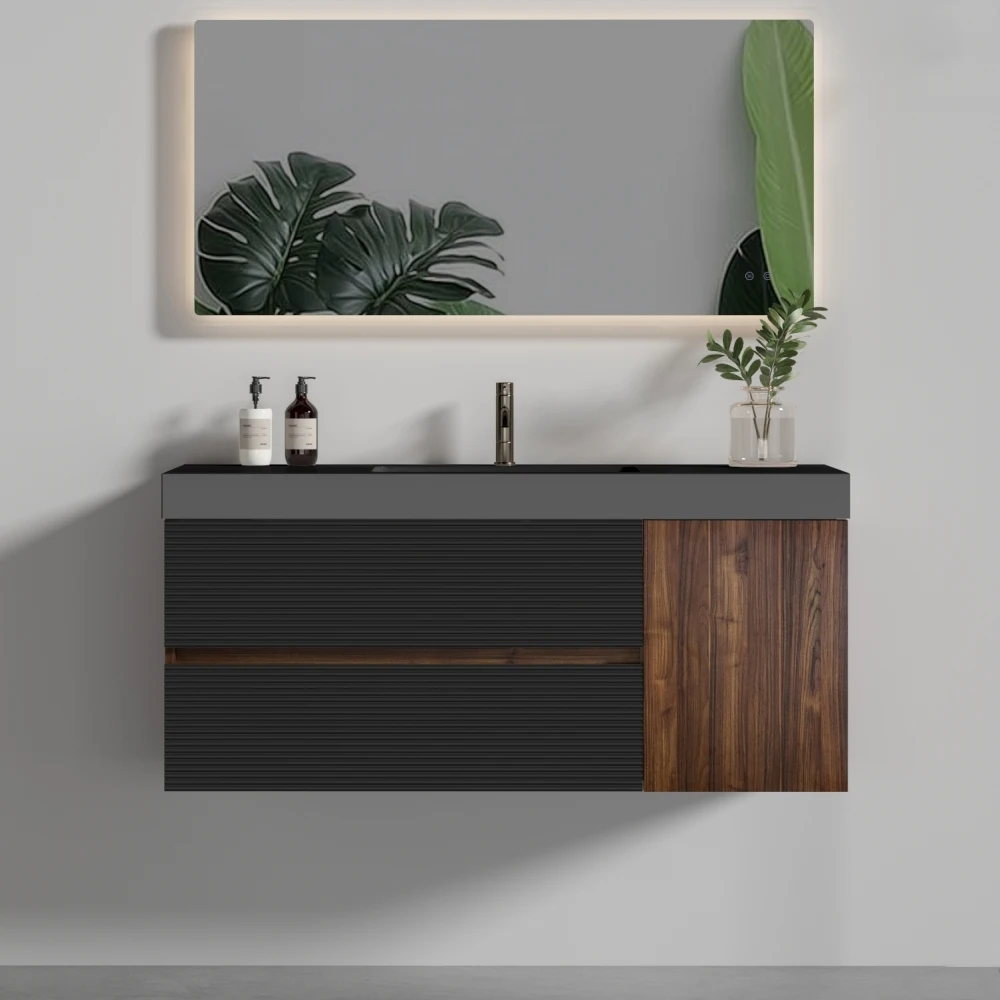 

Grace 48" Wall-Mounted Bathroom Vanity Walnut Finish Matt Black Quartz Sink Soft Close Storage Pre-Assembled Modern Design